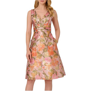 Adrianna Papell Pink & Gold Floral Metallic Midi Dress